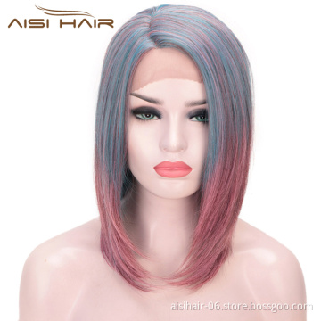 Aisi Hair Short Blue Mixed Pink Wig Straight Silky Front Lace Wig Cosplay Short Bob Lace Front Hair Wigs For Black White Women